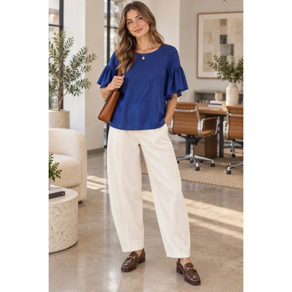Cabi Royal Blue Bell Sleeve Ruffle Keyhole Back Blouse Top 5526 XS